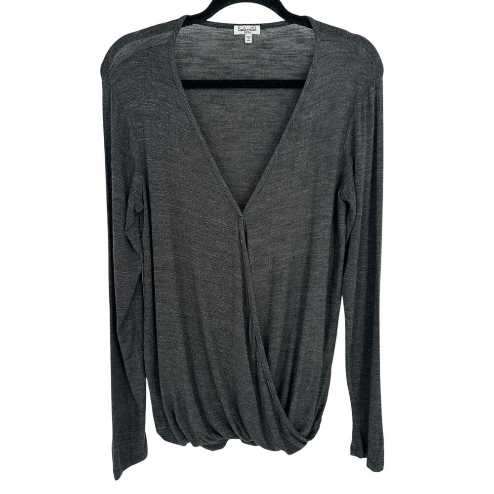Splendid Surplice Wrap Top Gray Long Sleeve V-Neck Pleated Balloon Hem Small S
